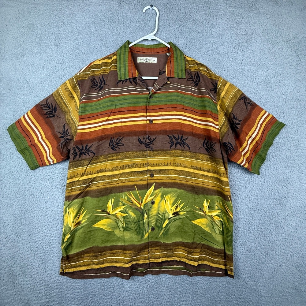 Tommy Bahama Mens Silk‎ Hawaiian Shirt Paradise Palm Bird Paradise Print Size L
